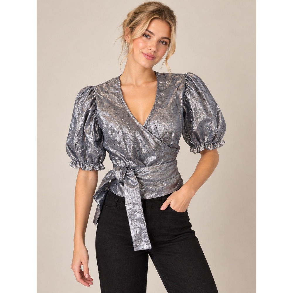 Lisa Says Gah Maria Metallic Silver Wrap Top Rare Early San Francisco S